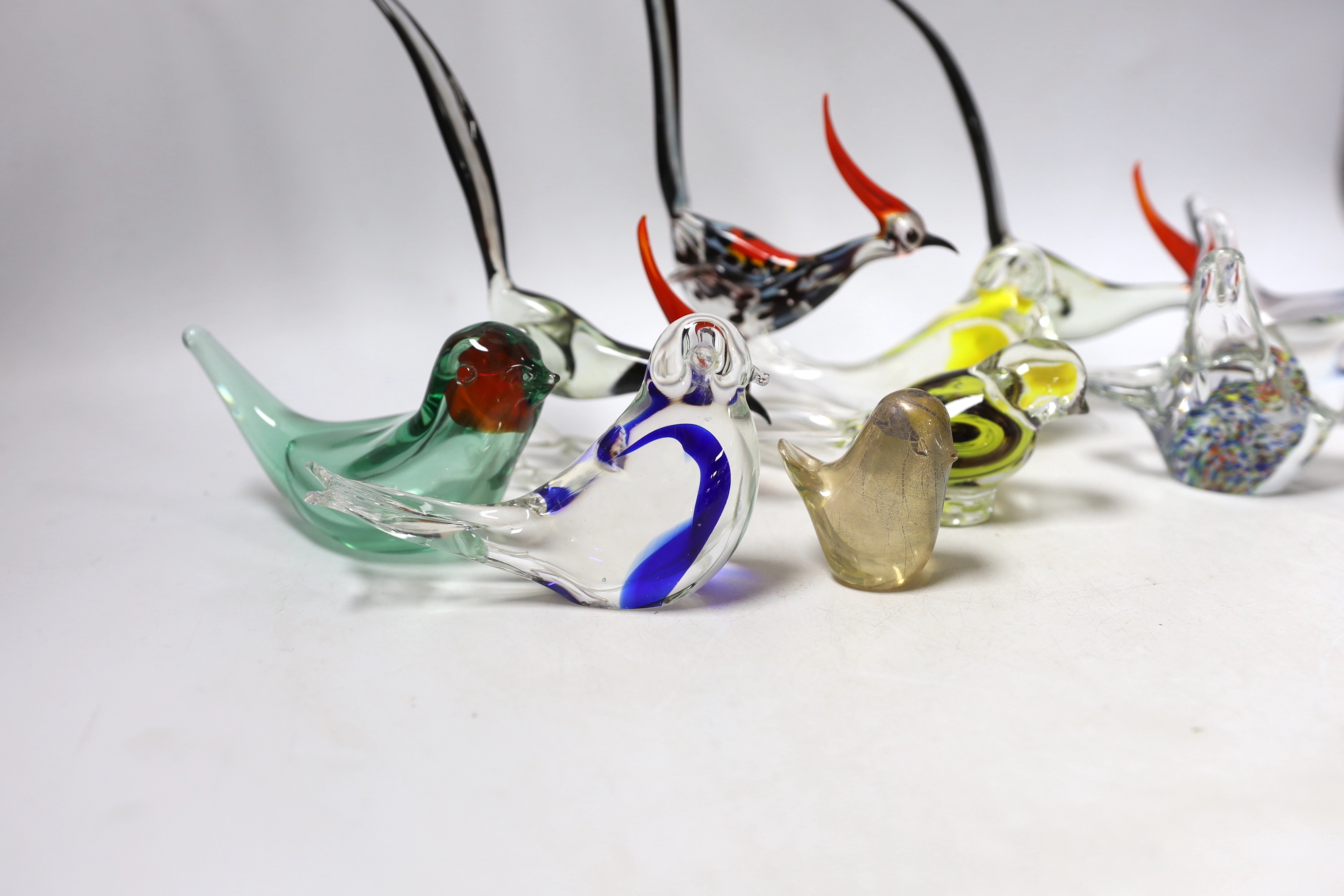 Ten Continental glass models of birds, some in the form of paperweights, tallest 26cm (to end of tail)